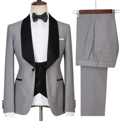 Light Gray Single Button Glossy Shawl Lapel Three-Piece Wedding Men’s Suits