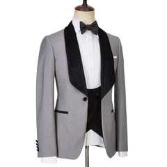 Light Gray Single Button Glossy Shawl Lapel Three-Piece Wedding Men’s Suits