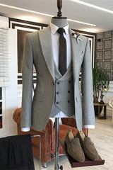 Light Gray Slim Fit Three-Piece Peaked Lapel Business Suit