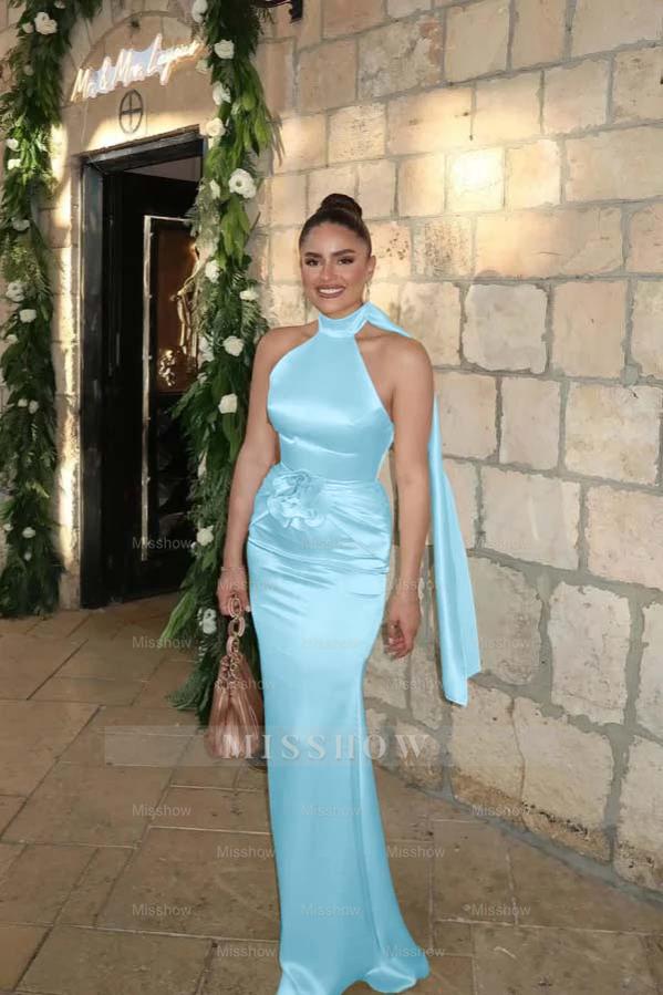 Light Green Halter High Neck Sleeveless Satin 3D Flowers Mermaid Floor Evening Dress