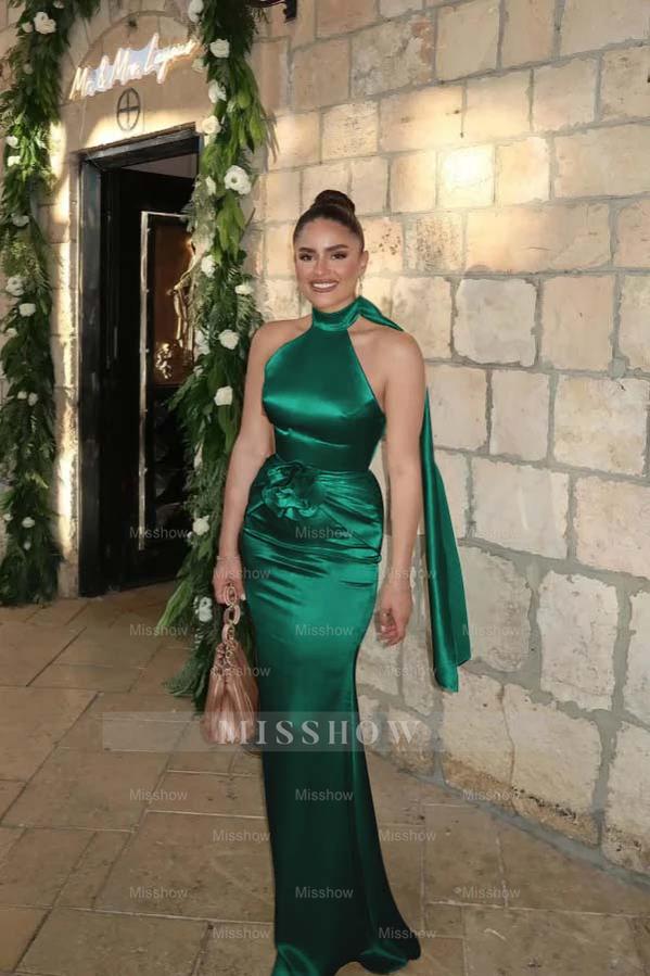 Light Green Halter High Neck Sleeveless Satin 3D Flowers Mermaid Floor Evening Dress
