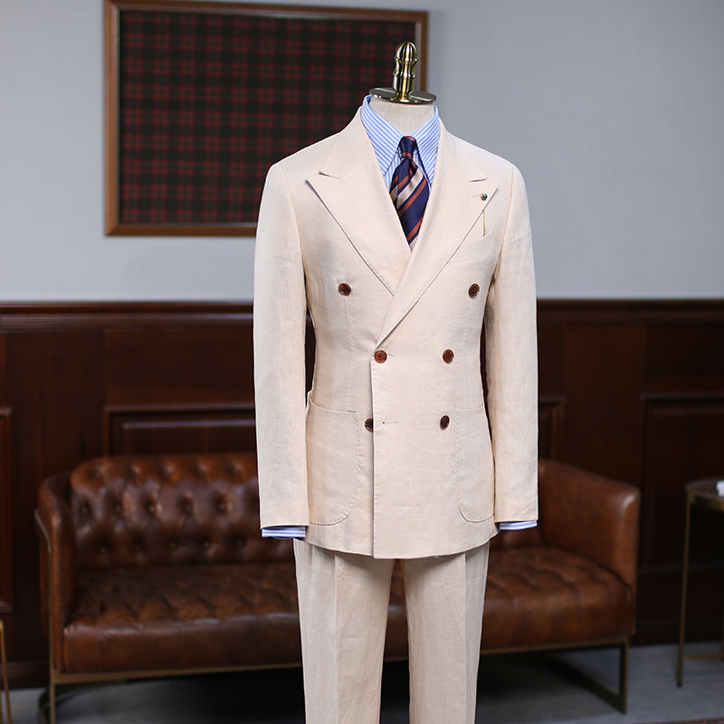 Light Khaki Peak Lapel Double Breasted Business Suit