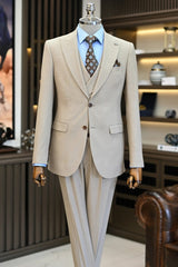 Light Khaki Peaked Lapel Three-Piece Business Suit for Men