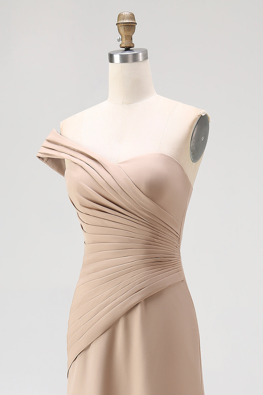 Champagne one shoulder satin column prom dress