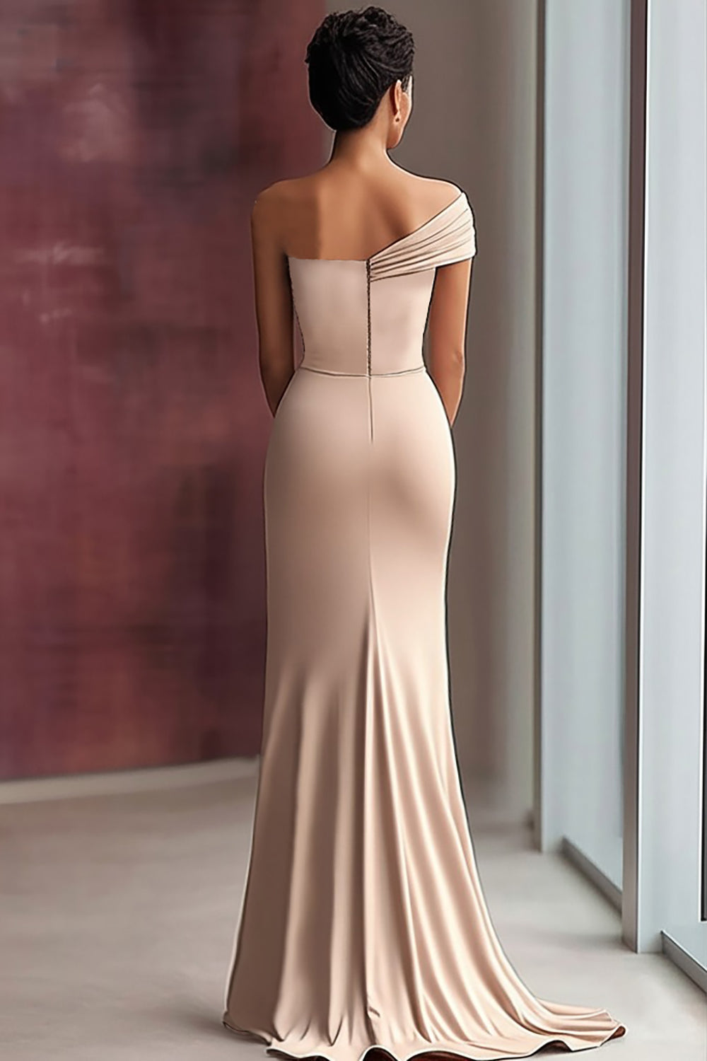 Champagne one shoulder satin column prom dress