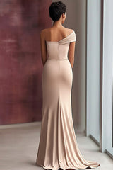 Champagne one shoulder satin column prom dress