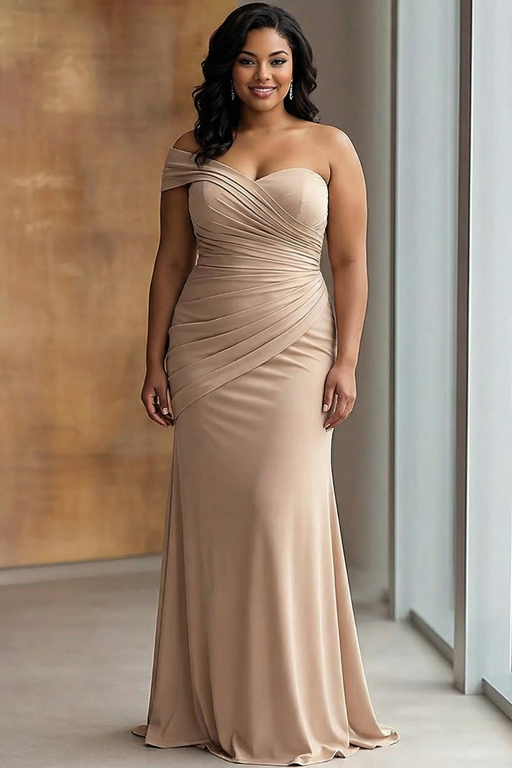 Champagne one shoulder satin column prom dress