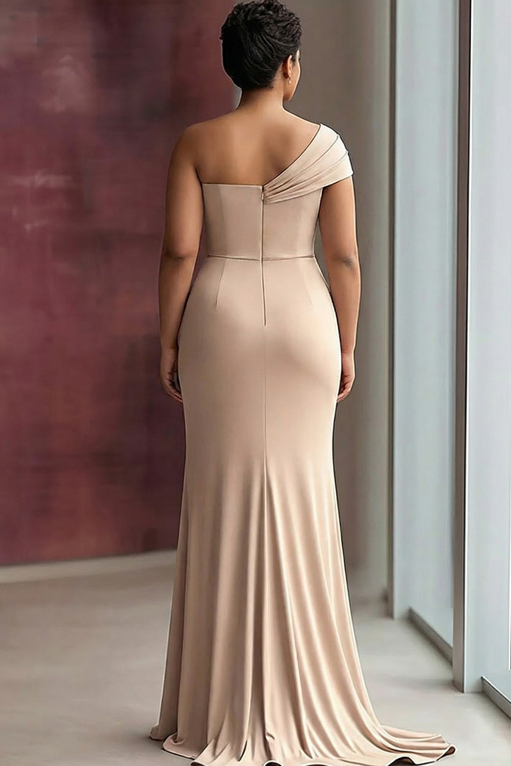 Champagne one shoulder satin column prom dress