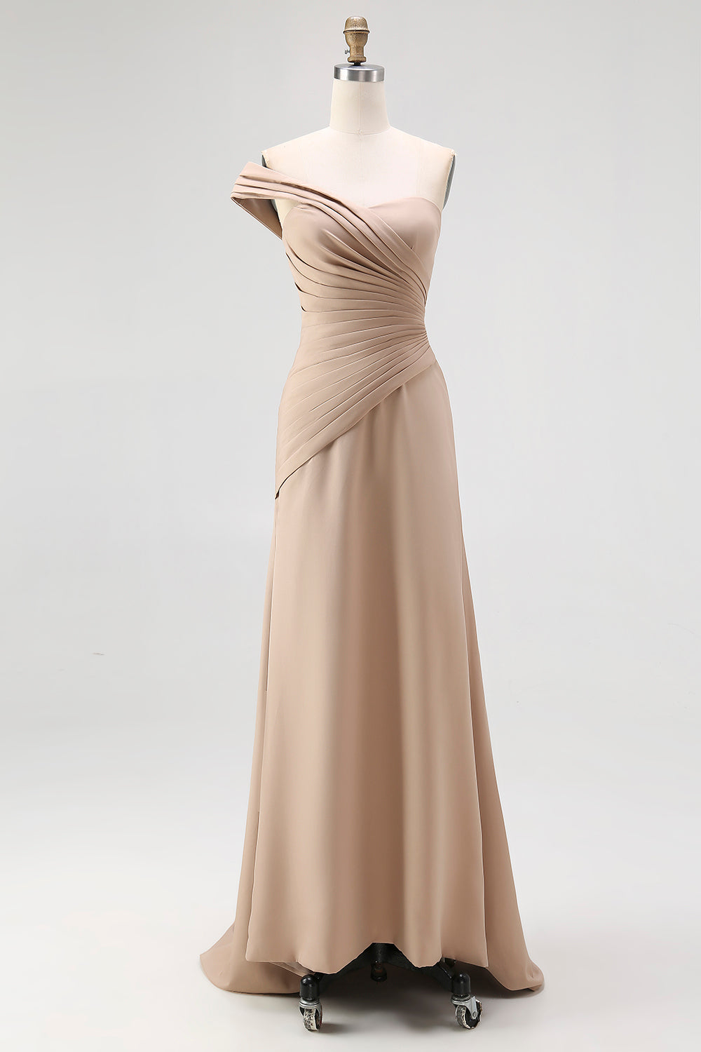Champagne one shoulder satin column prom dress