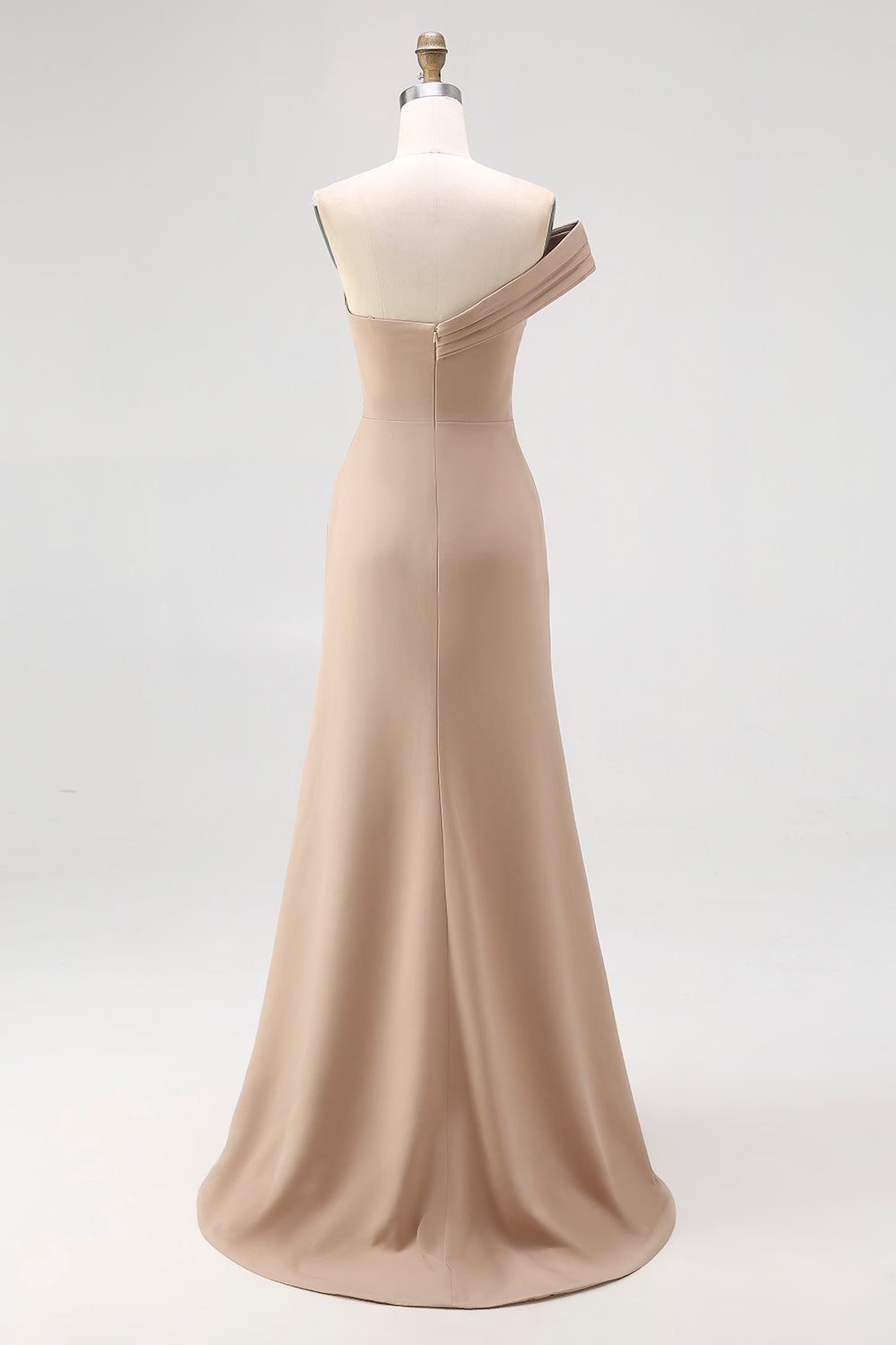 Champagne one shoulder satin column prom dress