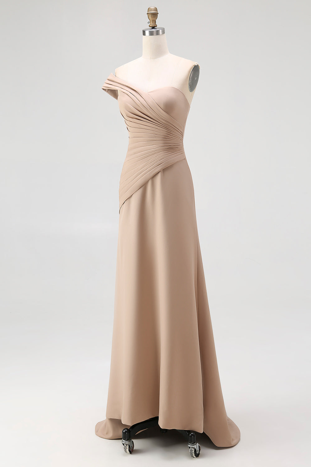Champagne one shoulder satin column prom dress