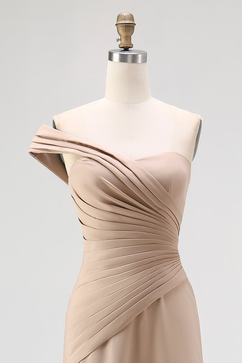 Champagne one shoulder satin column prom dress