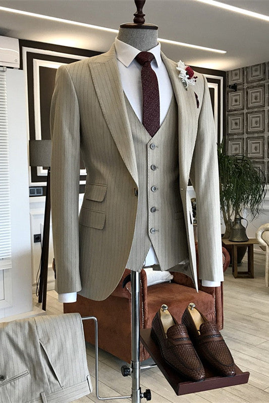 Light Khaki Striped Slim Fit Peaked Lapel Three-Piece Business Suit