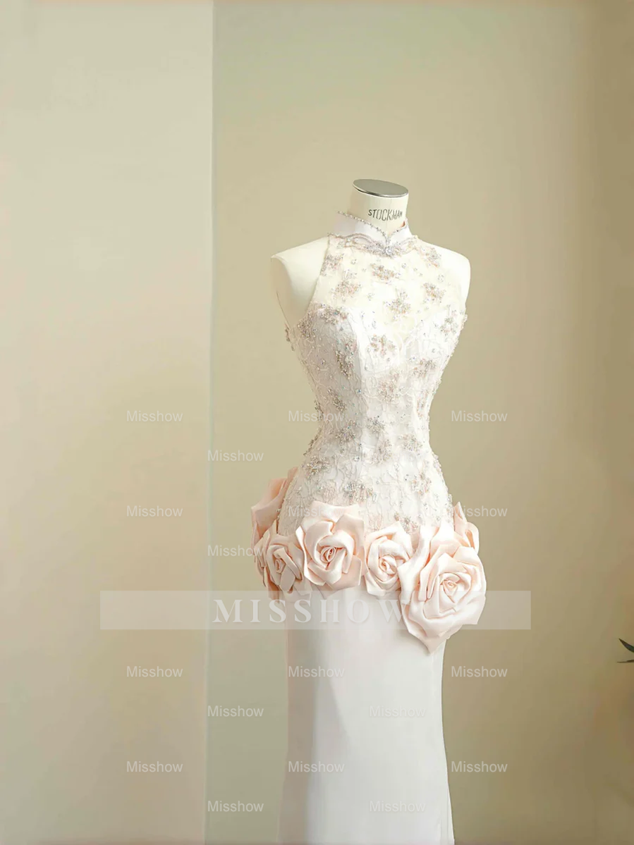 Light Pink High Neck Sleeveless Mermaid Lace Beaded Floral Applique Floor Evening Dress