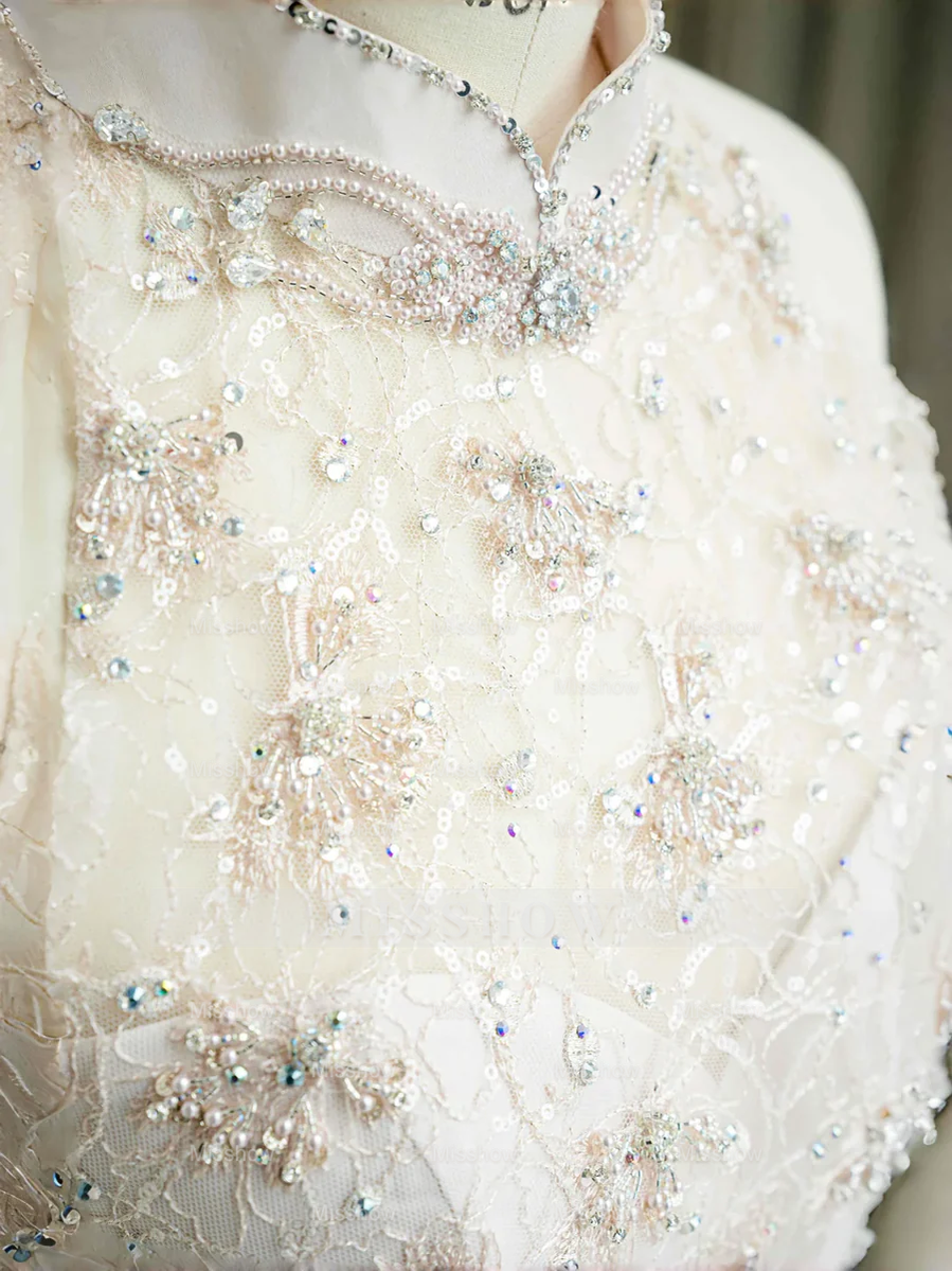 Light Pink High Neck Sleeveless Mermaid Lace Beaded Floral Applique Floor Evening Dress
