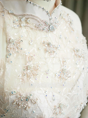 Light Pink High Neck Sleeveless Mermaid Lace Beaded Floral Applique Floor Evening Dress