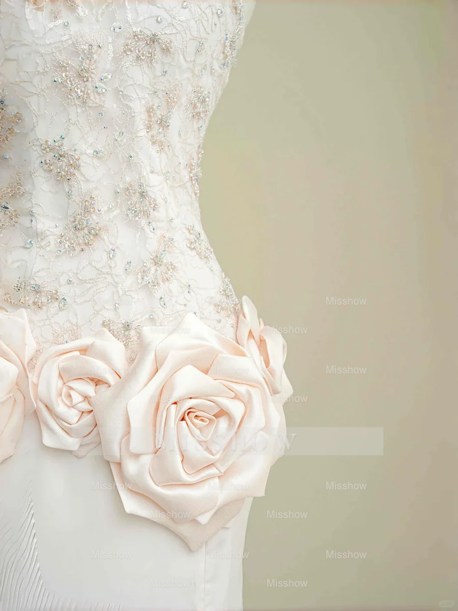 Light Pink High Neck Sleeveless Mermaid Lace Beaded Floral Applique Floor Evening Dress