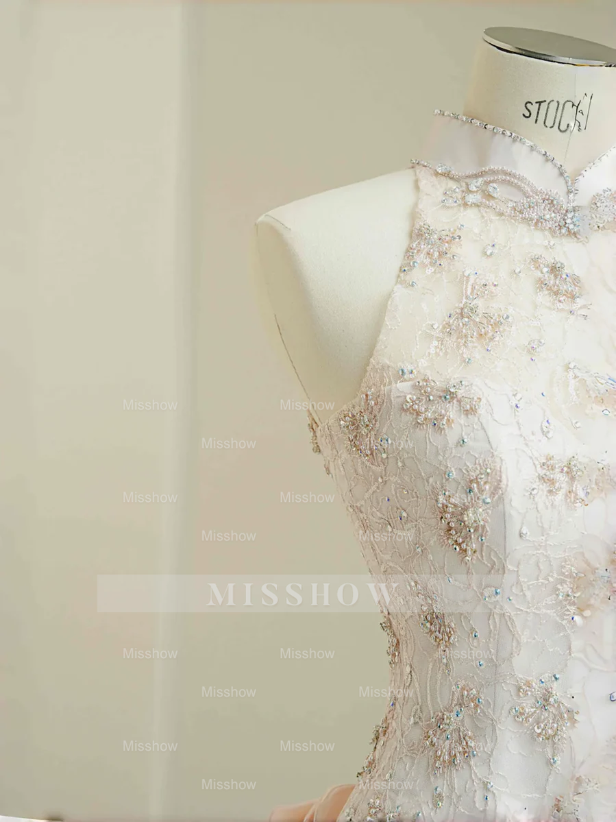 Light Pink High Neck Sleeveless Mermaid Lace Beaded Floral Applique Floor Evening Dress