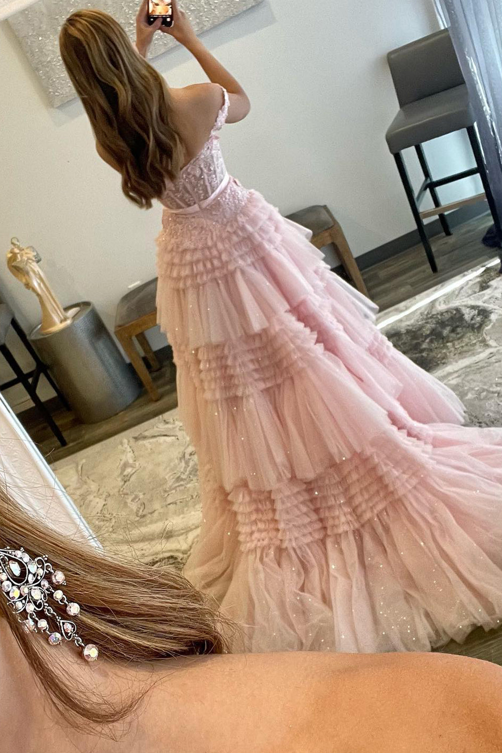 Light Pink Long A-Line Prom Dress with Ruffles and Off-the-Shoulder Princess Neckline Light Pink Long A-Line Prom Dress with Ruffles and Off-the-Shoulder Princess Neckline