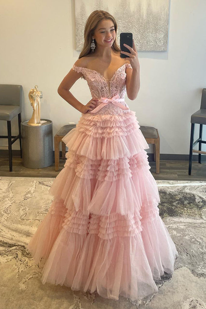 blush pink off the shoulder prom dress Light Pink Long A-Line Prom Dress with Ruffles and Off-the-Shoulder  Princess Neckline – misshow.com