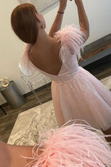 Light Pink V-Neck Feather Cap Sleeve Glitter Tulle V-Back Open Back Feather Hem Flared A-Line Short Homecoming Dress