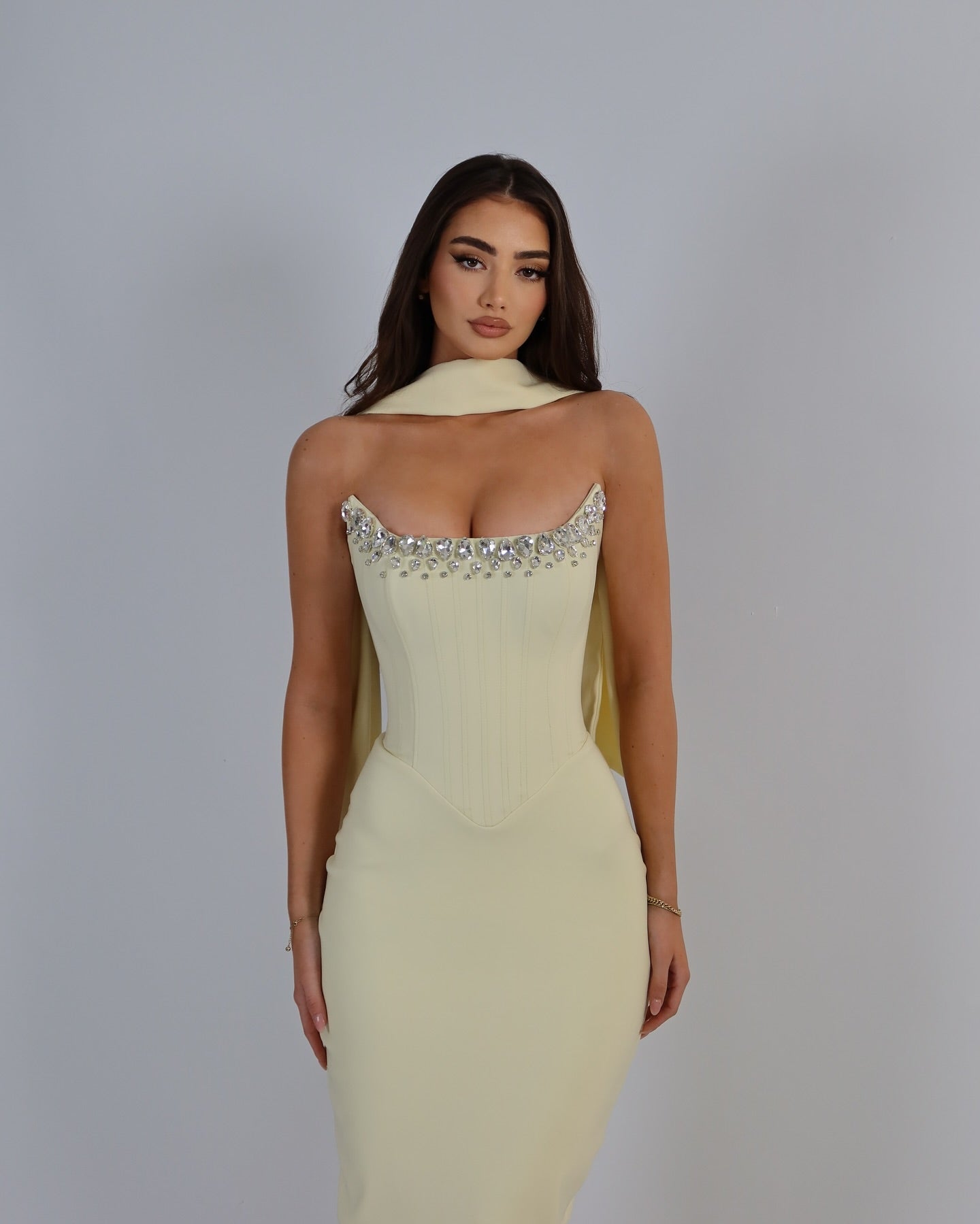 Light Yellow Strapless Column Formal Dress Rhinestone Neckline Satin Draped Scarf Open Back Floor Length Evening Gown