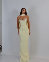 Light Yellow Strapless Column Formal Dress Rhinestone Neckline Satin Draped Scarf Open Back Floor Length Evening Gown