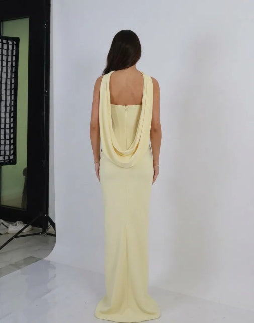 Light Yellow Strapless Column Formal Dress Rhinestone Neckline Satin Draped Scarf Open Back Floor Length Evening Gown