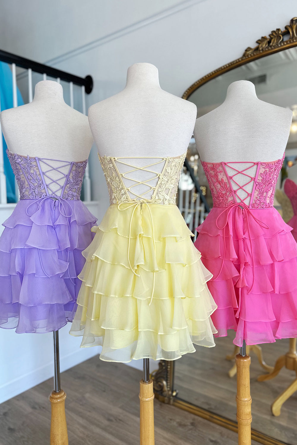 Lilac A-Line Strapless Tiered Corset Short Homecoming Dress with Appliques