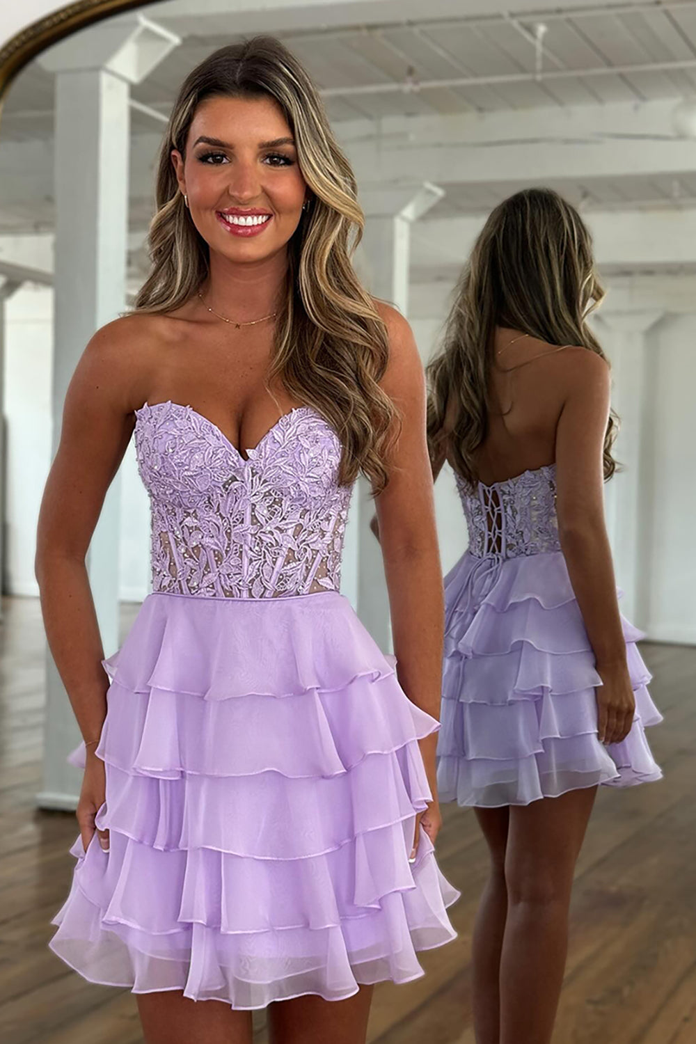 Lilac A-Line Strapless Tiered Corset Short Homecoming Dress with Appliques