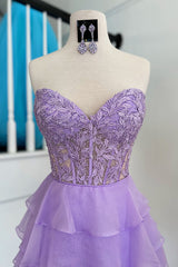 Lilac A-Line Strapless Tiered Corset Short Homecoming Dress with Appliques