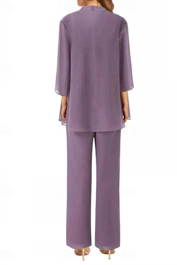 Lilac Chiffon 3-Piece Mother of the Bride Pants Suit Square Neck Sleeveless Allover Paisley Vine Lace Top Straight-Leg Chiffon Pants Matching Chiffon Open-Front Jacket 3/4 Sleeves