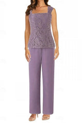 Lilac Chiffon 3-Piece Mother of the Bride Pants Suit Square Neck Sleeveless Allover Paisley Vine Lace Top Straight-Leg Chiffon Pants Matching Chiffon Open-Front Jacket 3/4 Sleeves