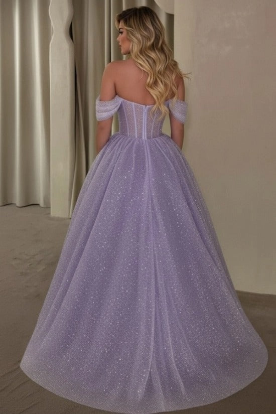 Lilac Glitter Tulle Ball Gown Evening Dress Off-the-Shoulder Sweetheart Boned Corset Princess Prom Formal Gown