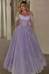 Lilac Glitter Tulle Ball Gown Evening Dress Off-the-Shoulder Sweetheart Boned Corset Princess Prom Formal Gown