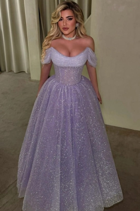 Lilac Glitter Tulle Ball Gown Evening Dress Off-the-Shoulder Sweetheart Boned Corset Princess Prom Formal Gown