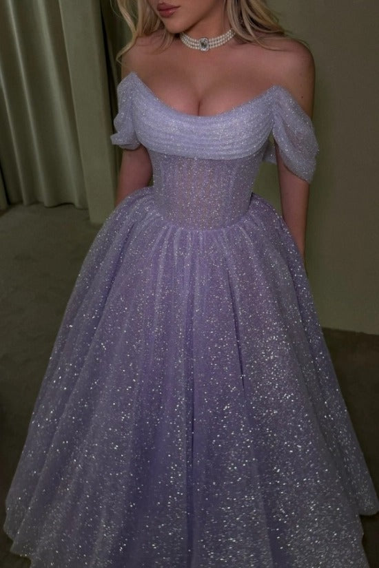 Lilac Glitter Tulle Ball Gown Evening Dress Off-the-Shoulder Sweetheart Boned Corset Princess Prom Formal Gown
