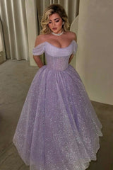Lilac Glitter Tulle Ball Gown Evening Dress Off-the-Shoulder Sweetheart Boned Corset Princess Prom Formal Gown