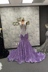 Lilac Mermaid Prom Dress Illusion Sweetheart V Neck Pearl Silver Crystal Fan Radial Beaded Scalloped Lace Cap Sleeve Sequin Cathedral Train Gown
