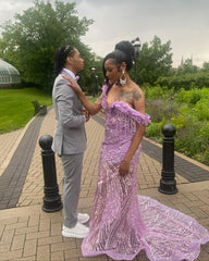 Lilac Mermaid Prom Dress Off Shoulder Deep V Sweetheart 3D Purple Leaf Petal Applique Crystal Chain Fringe Tassel All-Over Sequin Geometric Wave Rhinestone Beaded Court Train Gown