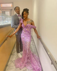 Lilac Mermaid Prom Dress Off Shoulder Deep V Sweetheart 3D Purple Leaf Petal Applique Crystal Chain Fringe Tassel All-Over Sequin Geometric Wave Rhinestone Beaded Court Train Gown