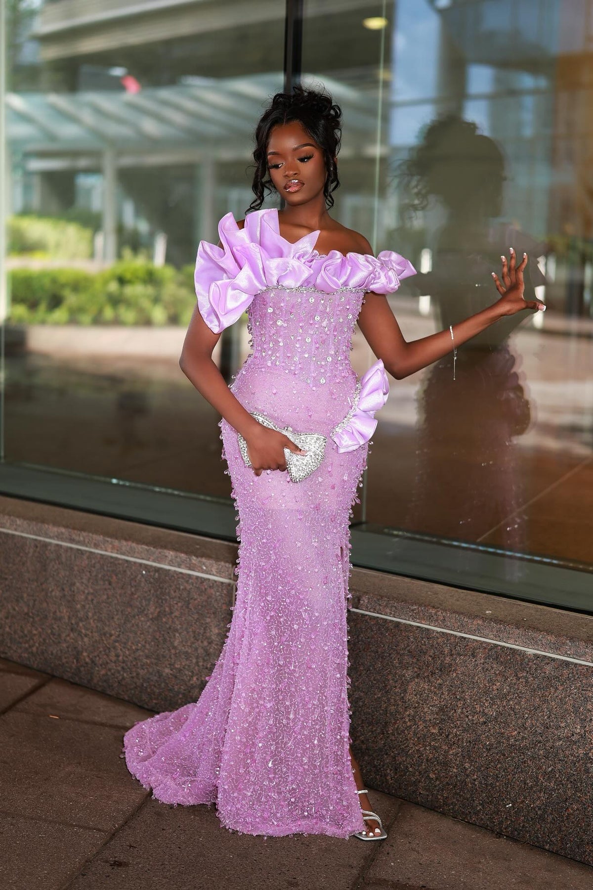 Lilac Mermaid Prom Dress Off Shoulder Sweetheart Oversized Multi-Tier Organza Ruffle Puff Sleeve 3D Satin Bow Floral Waist 3D Micro Floral Beading Scattered Rhinestone Sequin High Split Sweep Train Gown