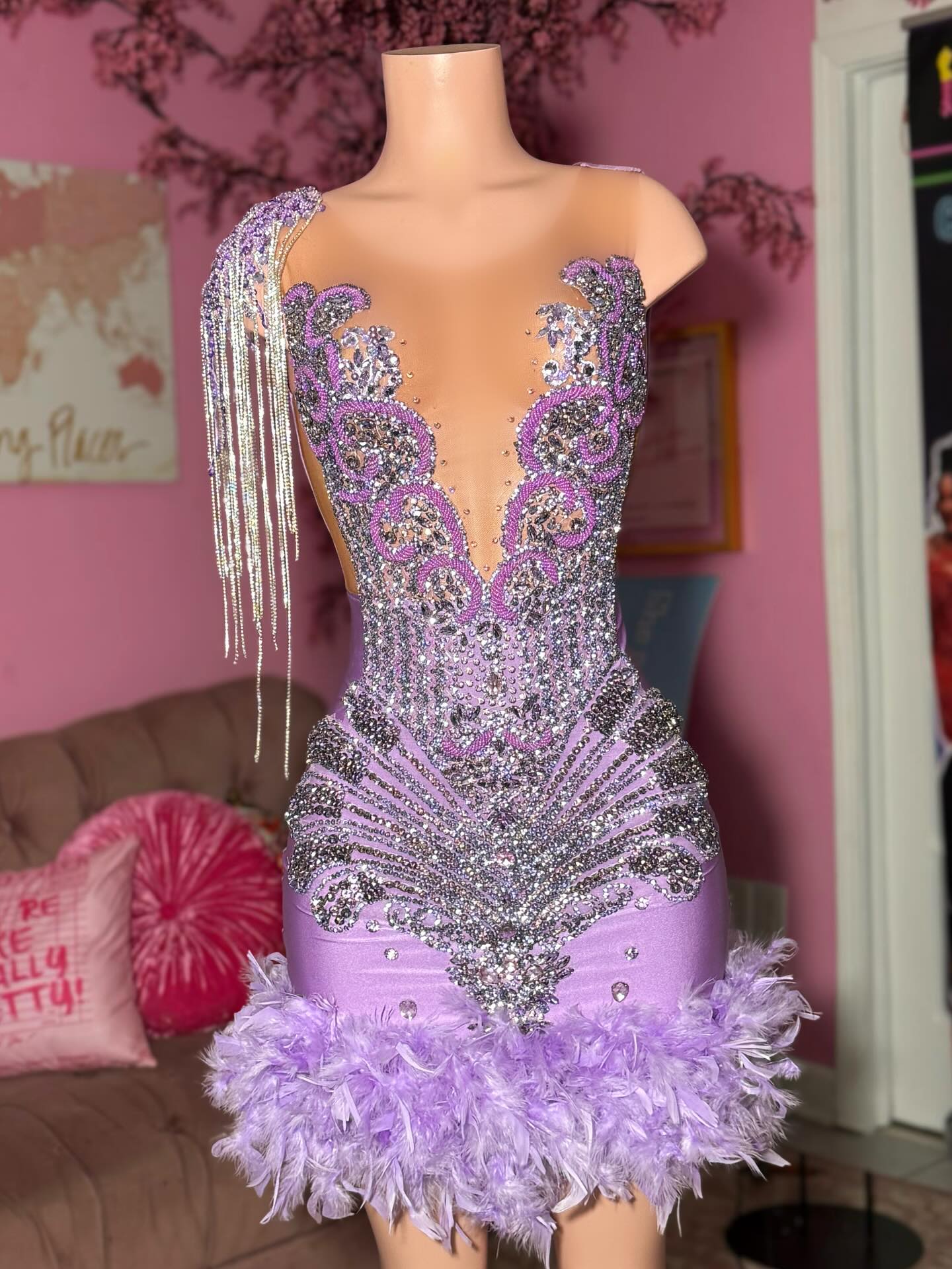 Lilac v-neck rhinestone column prom dress