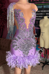 Lilac v-neck rhinestone column prom dress