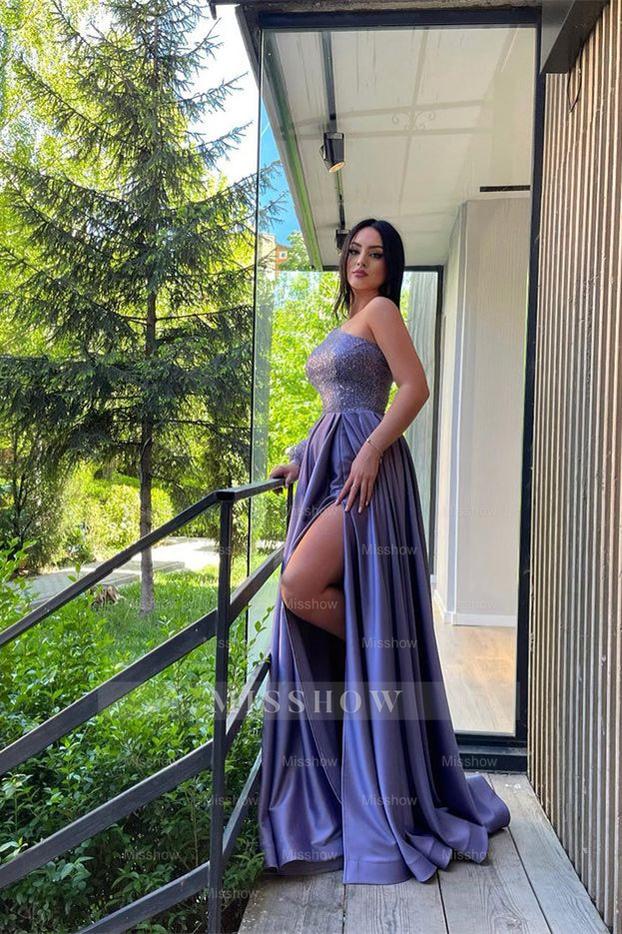 Lilac Periwinkle One Shoulder Long Sleeve Beaded A-Line Floor Length Formal Evening Dress