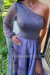 Lilac Periwinkle One Shoulder Long Sleeve Beaded A-Line Floor Length Formal Evening Dress