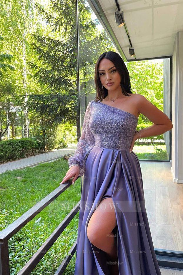 Lilac Periwinkle One Shoulder Long Sleeve Beaded A-Line Floor Length Formal Evening Dress