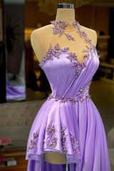 Lilac Satin A-Line Evening Dress High Neck Illusion Crystal Beaded Bodice Peplum Hem Sweep Train Formal Gown