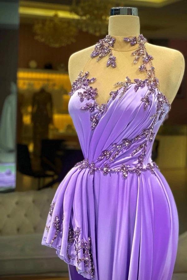 Lilac Satin A-Line Evening Dress High Neck Illusion Crystal Beaded Bodice Peplum Hem Sweep Train Formal Gown