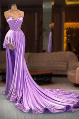 Lilac Satin A-Line Evening Dress High Neck Illusion Crystal Beaded Bodice Peplum Hem Sweep Train Formal Gown